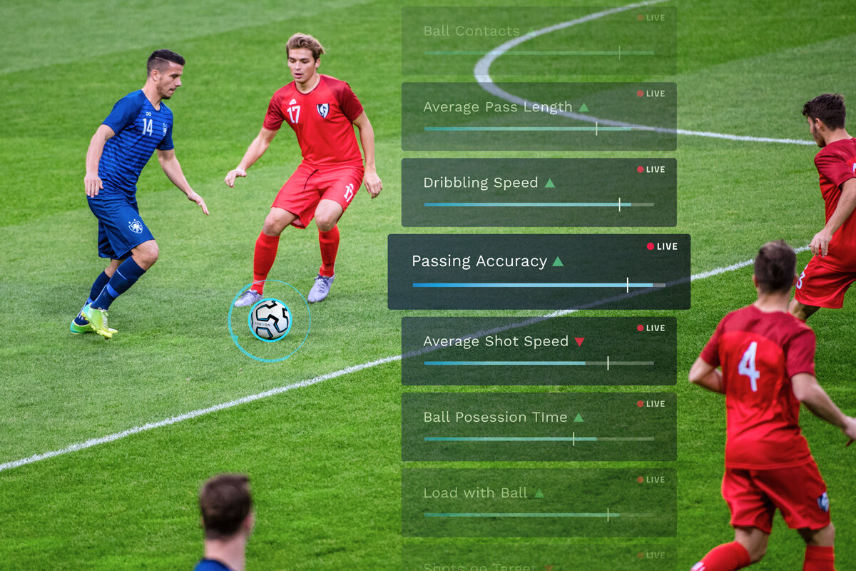 A graphic of the different types of ball data that KINEXON Sports can measure, such as position, speed, distance, spin, and impact.