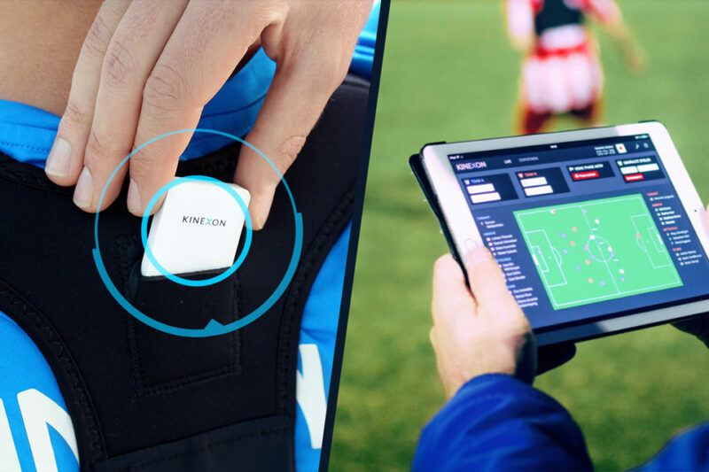A football tracker is placed in a vest that is worn by a player and a coach or athletic trainer reviews the information it is providing to a dashboard on a computer screen.