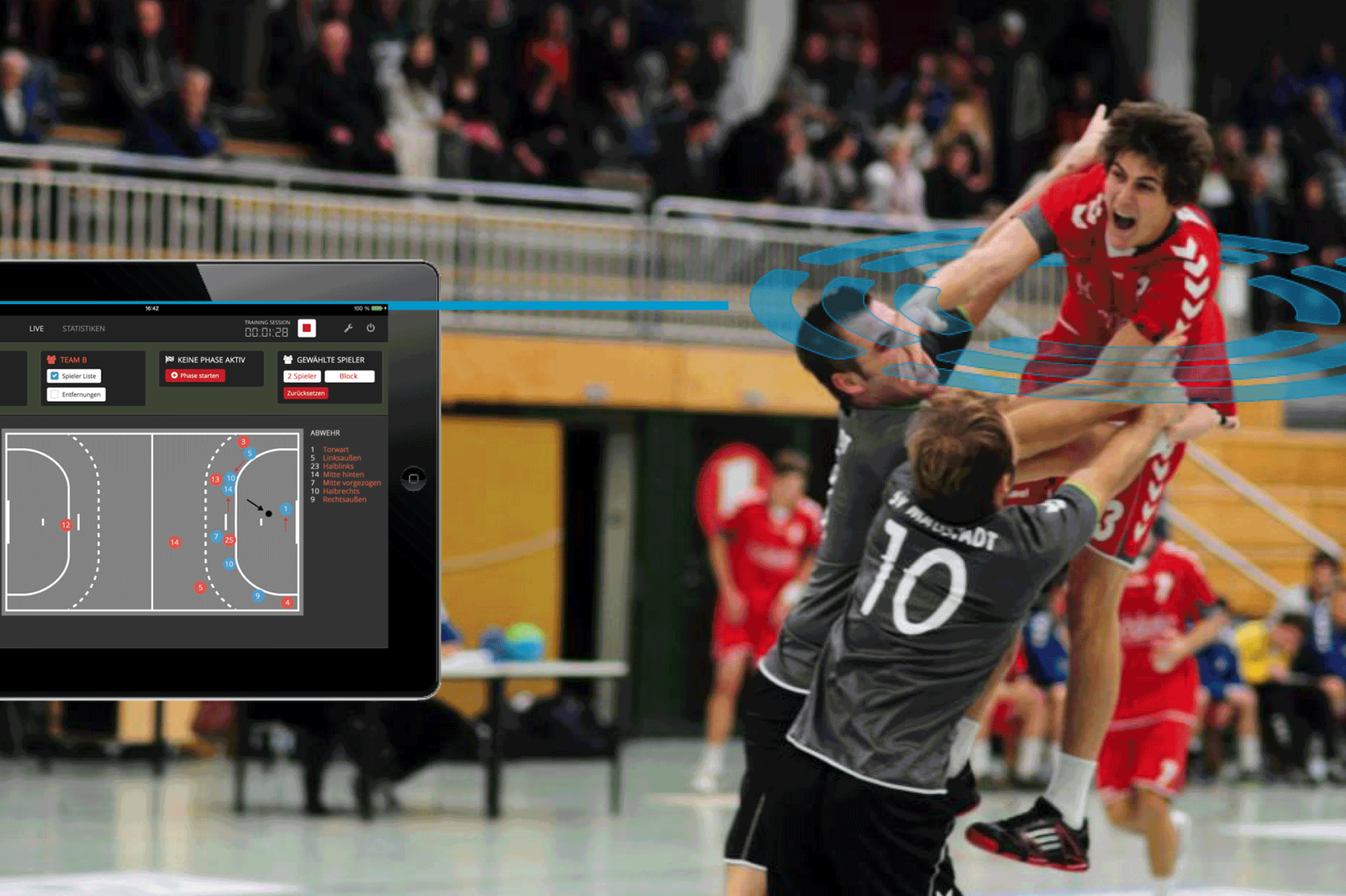 Handball offense duel with the KINEXON Sports statistic overlay is just one of the ways sports technology enhances team handball.
