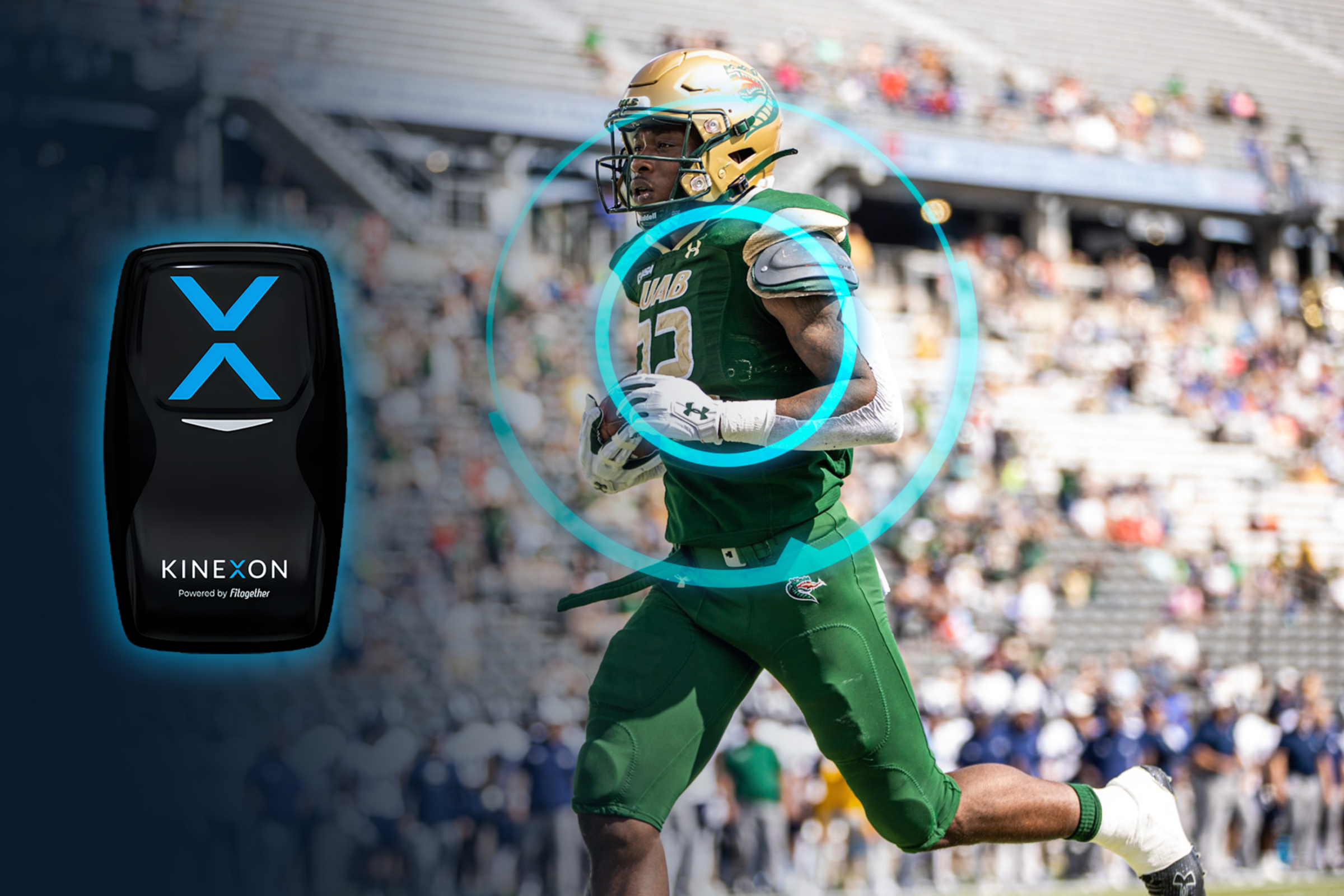 This is a montage of a football player with the KINEXON Sensor and overlay.